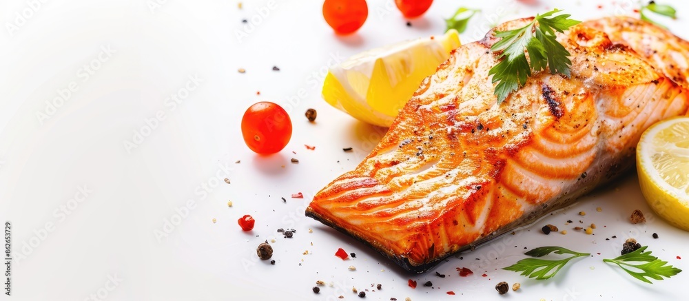 Poster banner design featuring a mouthwatering grilled salmon on a white background with copy space image.