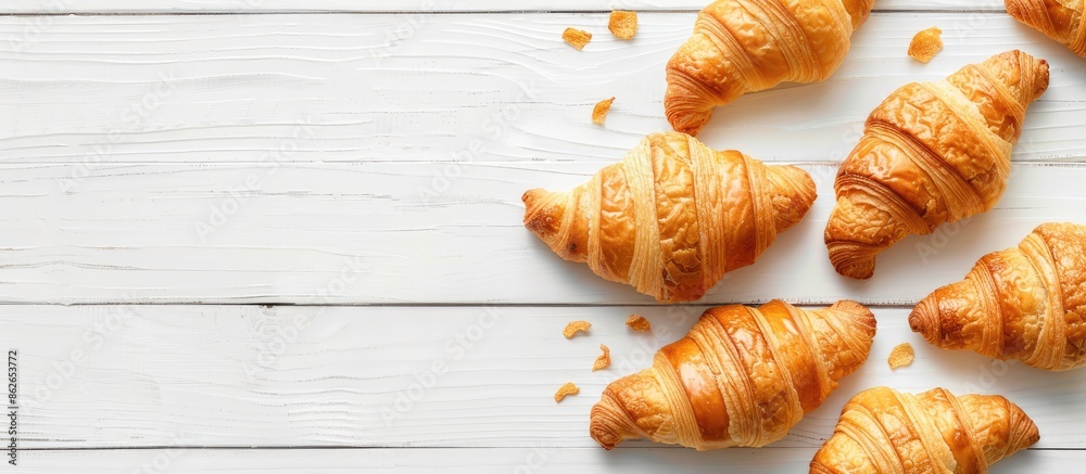 Aufkleber Top view flat lay of croissants on a white wooden surface with copy space image.