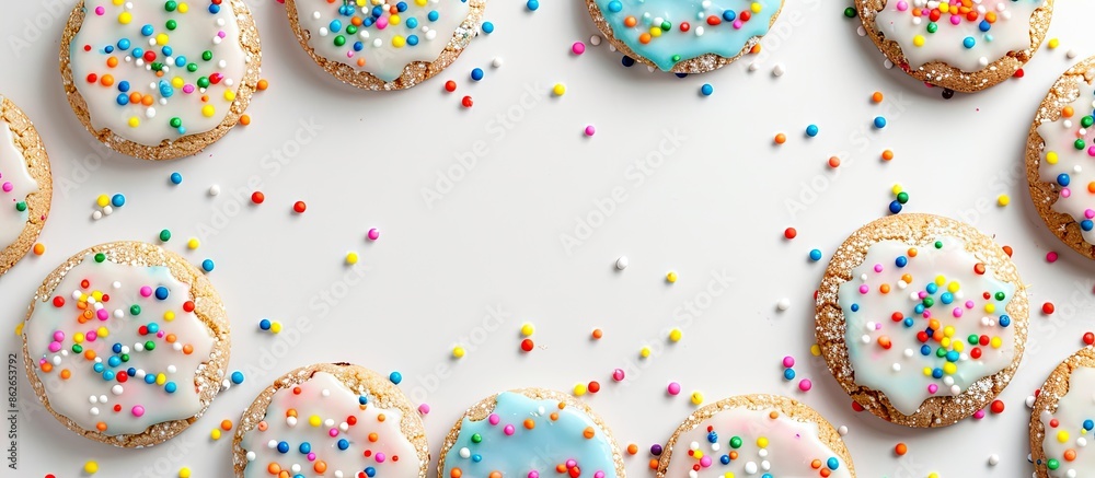 Poster round frame of colorful glazed cookies on a white background with copy space image.