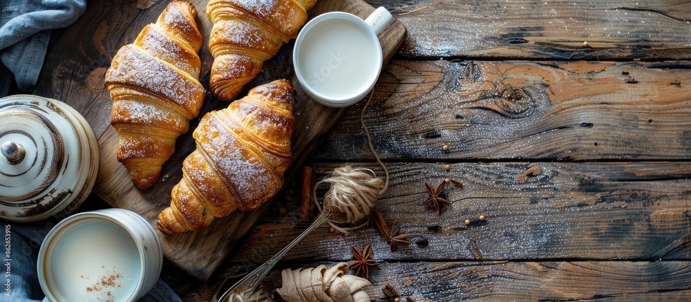 Poster Rustic style breakfast featuring croissants and coffee with milk on a wooden table in a close-up copy space image.