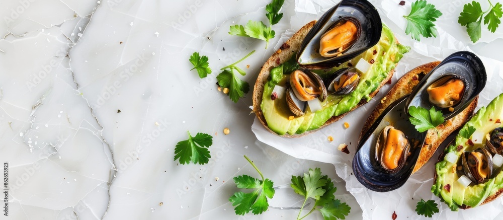 Poster mussels and avocado toast on white backdrop with room for text, copy space image