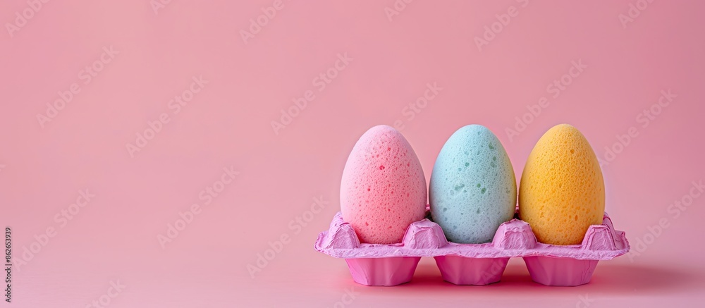 Poster makeup sponges in a plastic egg holder on a colored background with copy space image.