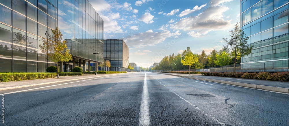 Aufkleber Empty road with modern office building creating an inviting scene and featuring a clear copy space image.