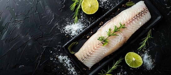Top-view image of a raw sea bass fillet with herbs and lime on a black background, offering significant copy space.