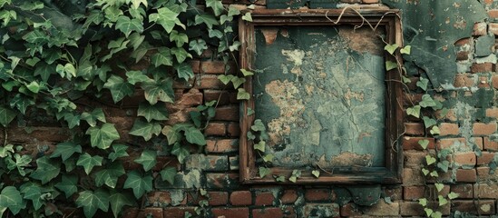 An aged vintage picture hanging on a brick wall entwined with ivy, providing a blank area for additional images.