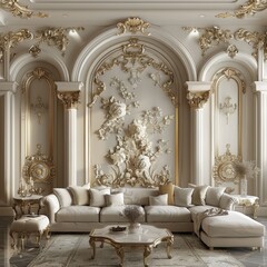 Elegant living room with ornate gold details, white sofa, and a large floral wall sculpture.