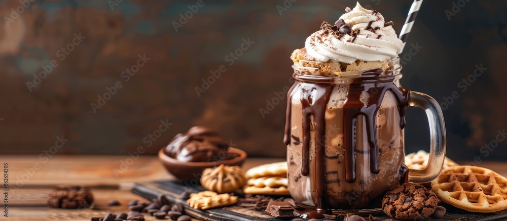 Poster indulgent chocolate milkshake topped with whipped cream, cookies, and waffles, presented in a mason 