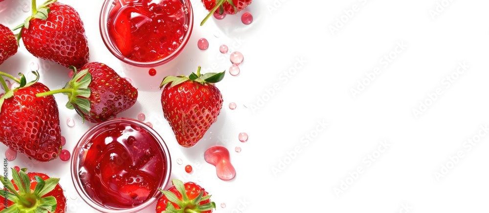 Poster top view of strawberry jelly isolated on a white background, with available copy space image.