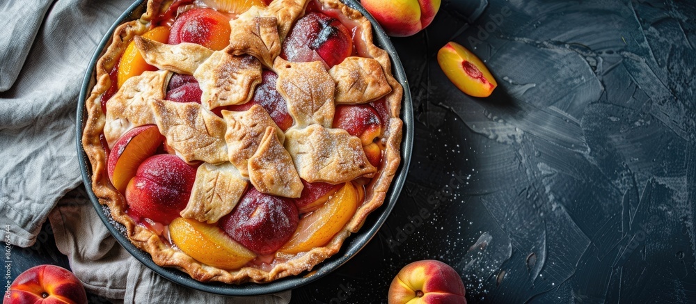 Poster A pie with nectarines displayed on a gray wooden table with soft focus enhancing the aesthetic appeal of the copy space image.