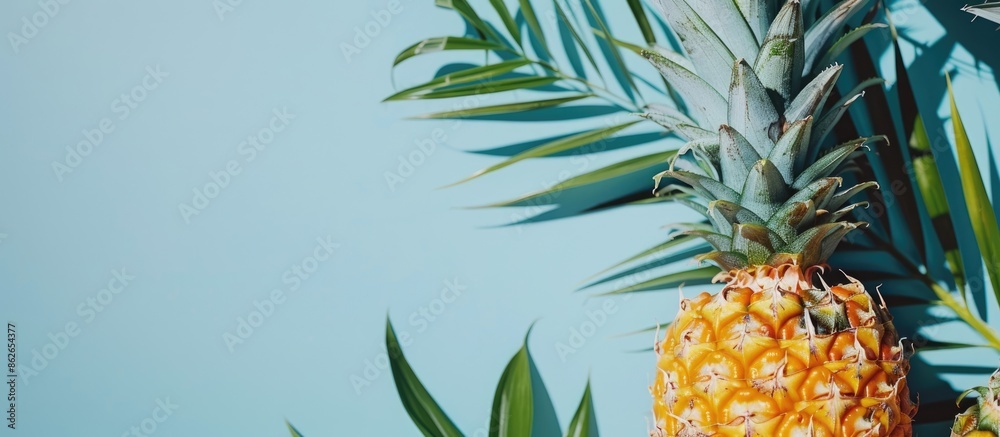 Fototapete ripe pineapple with green leaves on a light blue backdrop in a flat lay composition with room for te