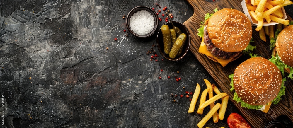Poster Top view of burgers, fries, and pickles on a cutting board with a space for adding text or images. Copy space image. Place for adding text and design