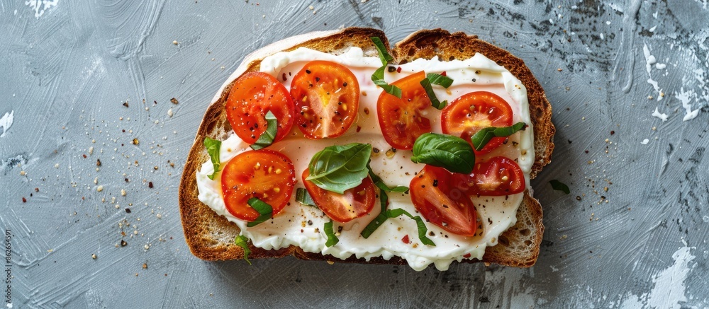 Fototapete A slice of toasted bread topped with delectable cream cheese and tomatoes arranged on a grey surface, with room for text in the image. Copy space image. Place for adding text and design