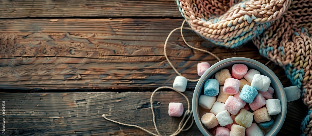 Fototapete a cocoa cup with vibrant marshmallows, yarn, set on a rustic wooden backdrop, perfect for a stylish 