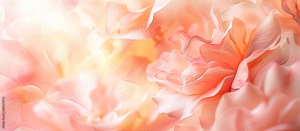 Poster soft pastel floral card with blurred delicate rose petals as an unfocused abstract flower backdrop, 