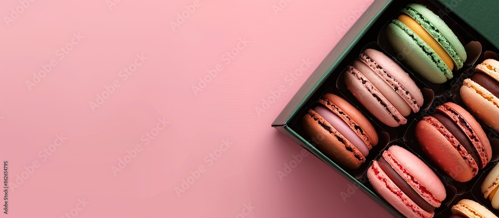 Poster colorful macaroons on a dark green box over a pink backdrop with various fillings. the horizontal co
