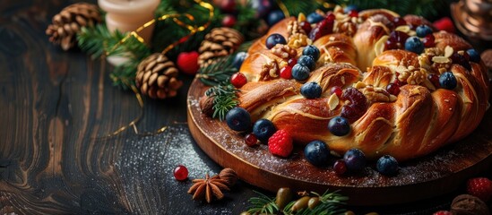 A delicious braided bread loaf, loaded with fruits and nuts, fresh out of the oven, with copy space image.