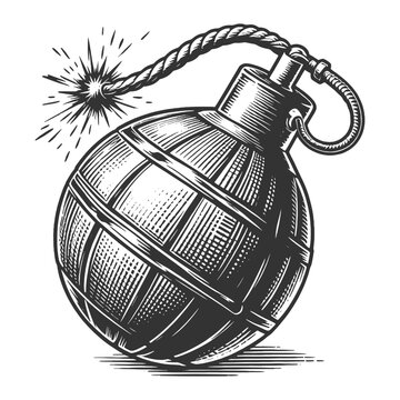 engraved grenade with lit fuse clip art preview