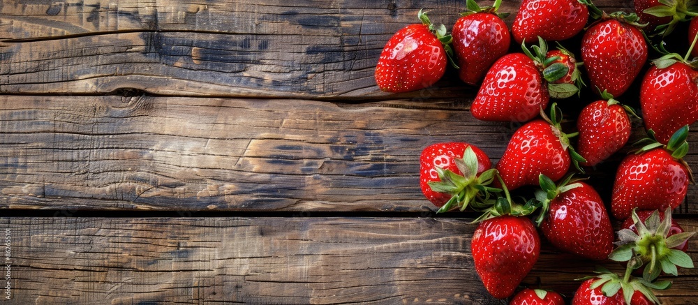 Poster Juicy strawberries on a rustic wooden table with a blank area for adding text or images, known as a copy space image.