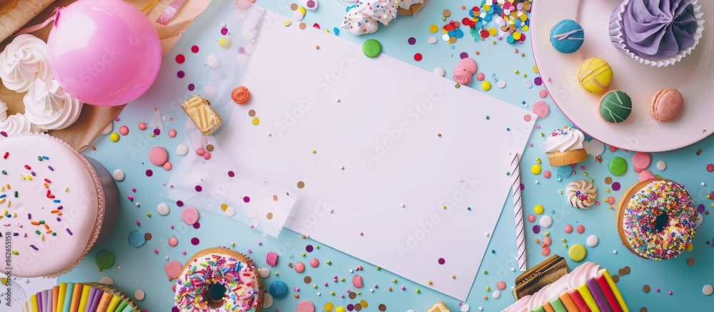 Aufkleber Creative flat lay for a party theme featuring sweets, confetti, and blank pages, perfect for displaying with a copy space image.