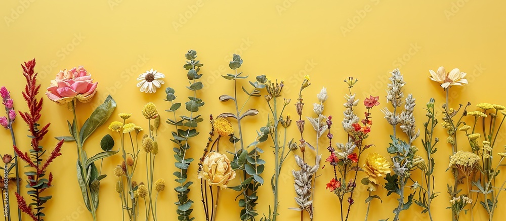 Fototapete Dried flowers arranged in a frame on a yellow background for a flat lay top view with room for additional content in the image.