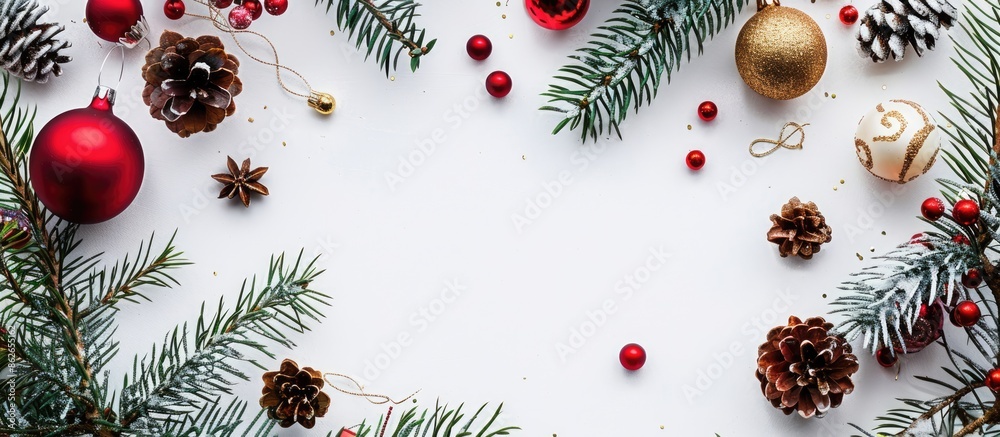 Aufkleber an overhead view of a christmas card template with a festive frame and ornaments on a white backdrop