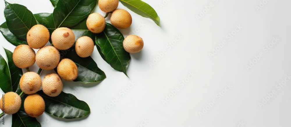 Poster top view of a fresh longan fruit with leaves on a white background, creating a flat lay composition 