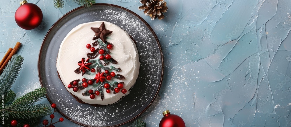 Poster Top view of a festive Christmas tree cake adorned with a chocolate star, red berries, on a gray plate set on a blue table, perfect for adding text or graphics in the copy space image.