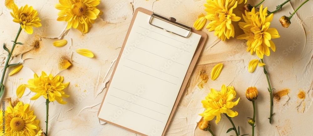 Poster Top view of a beige background with a clipboard featuring a blank paper and yellow chrysanthemums, ideal for a copy space image.