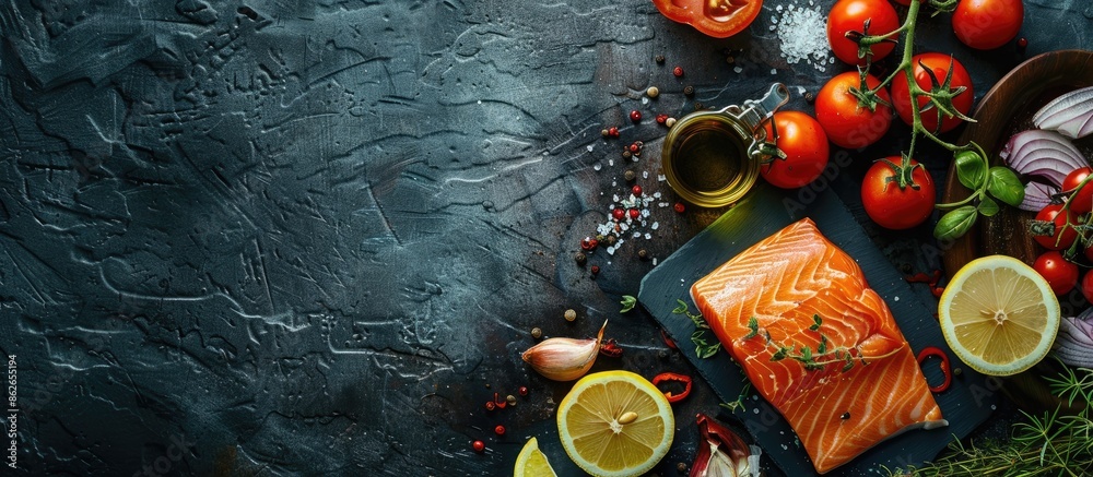 Aufkleber a display of fresh red salmon fillet garnished with tomatoes, spices, onion, lemon, and olive oil on