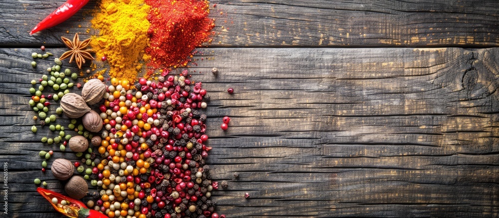 Poster colorful spices arranged on a wooden surface with space for text, seen from above in a copy space im