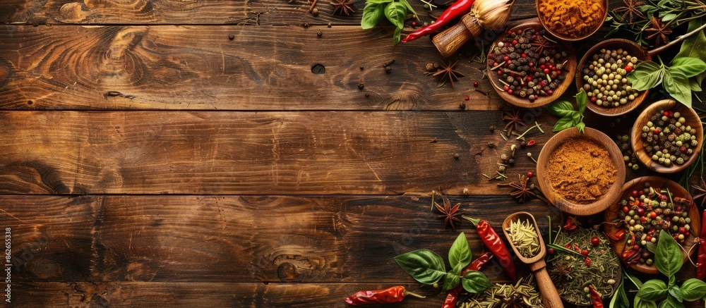 Poster Top view of a wooden table featuring a variety of colorful spices with copy space image.