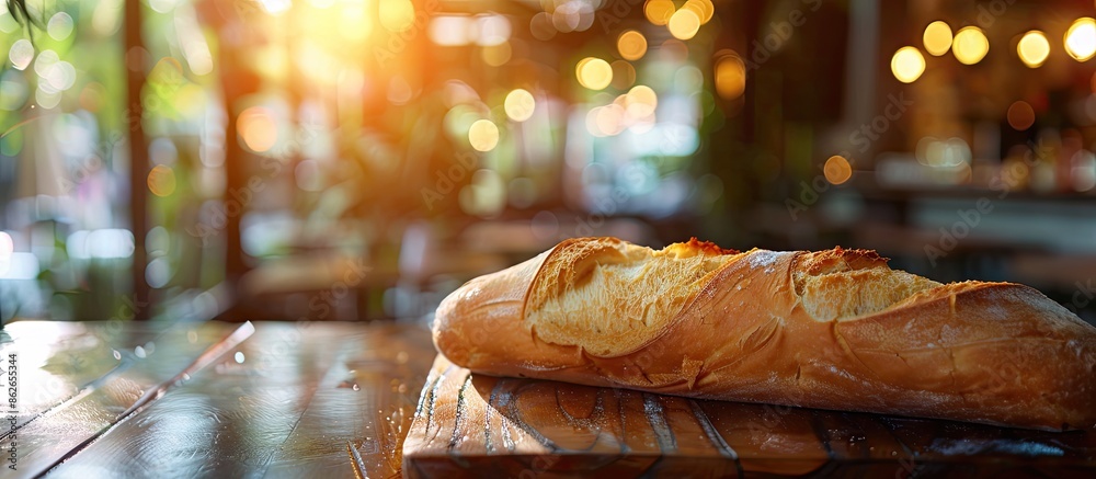 Aufkleber french baguette slice on wooden surface in a cozy restaurant setting. tender and appetizing; perfect