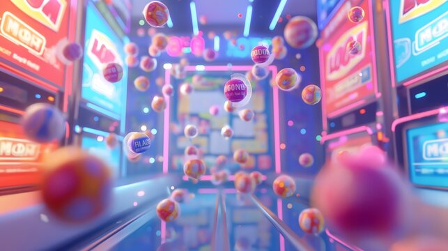 3. A digital illustration of a virtual contest platform with animated tickets floating towards a digital screen displaying random numbers, illustrating the modern approach to online lotteries.