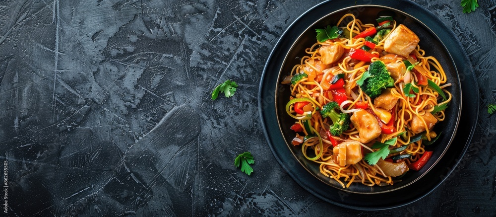 Poster aerial view of schezwan noodles or chow mein with veggies, chicken, and spicy sauce on a dark dish i