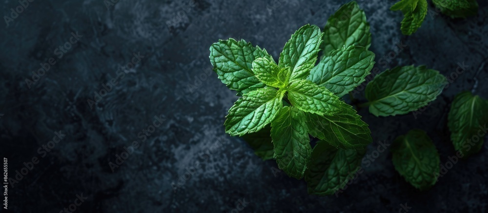 Poster dark background showcasing a fresh mint sprig with available copy space image.