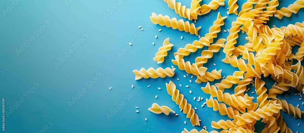 Poster Top view of dry pasta on a textured blue background with copy space image available for text.