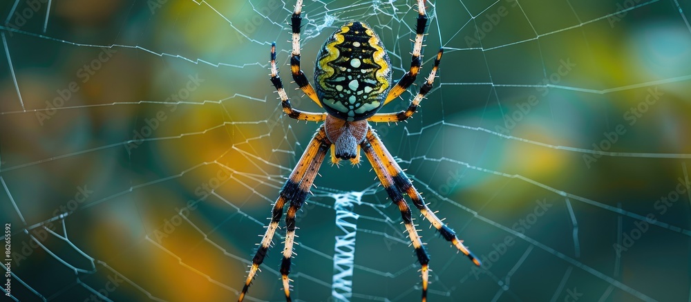Poster spider with vibrant colors perched on a web, ready for prey, copy space image.