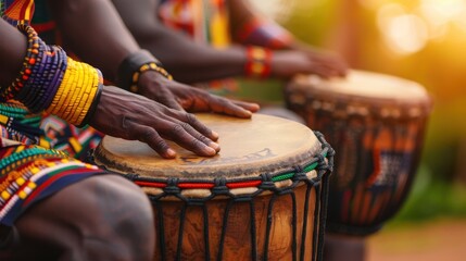 A man wearing traditional African clothing plays a djembe drum during an outdoor performance