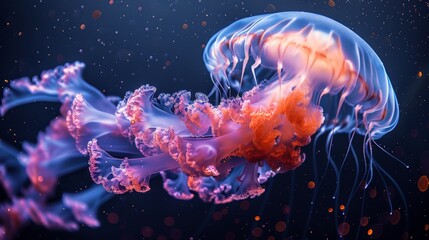 A vibrant pink and orange jellyfish floats gracefully in a dark blue ocean. Its translucent bell and trailing tentacles create a mesmerizing display of bioluminescence.