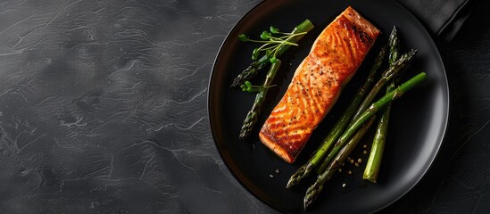 Elegant restaurant menu idea featuring a Seared salmon fillet with golden crispy skin, arranged alongside roasted asparagus on a sleek black plate with copy space image.