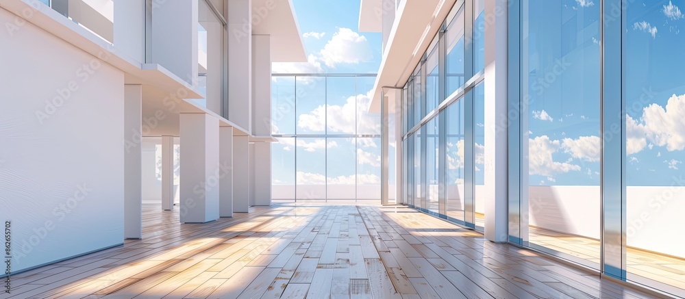 Poster Modern architecture with a beautiful wooden floor, white walls, and windows offering a view of the blue sky. Ideal for a copy space image.