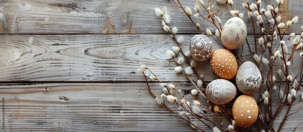 Aufkleber top view of a rustic easter still life on a wooden background featuring decorated eggs and dry willo
