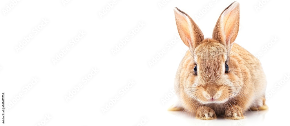 Poster a dwarf breed rabbit, with copy space image, facing forward on a white background.