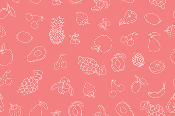 Healthy eating in doodle style. Natural organic nutrition. Seamless pattern of fresh vitamin products, fruits and berries. Vector illustration. Vector