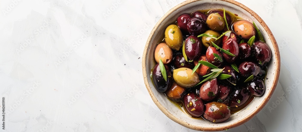 Poster a bird's eye view of a bowl filled with marinated olives set against a plain background provides amp