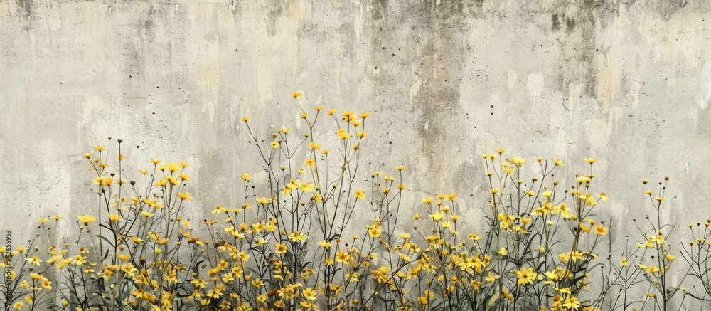 Poster wild yellow flowers blooming alongside a concrete wall providing a unique backdrop with empty space 