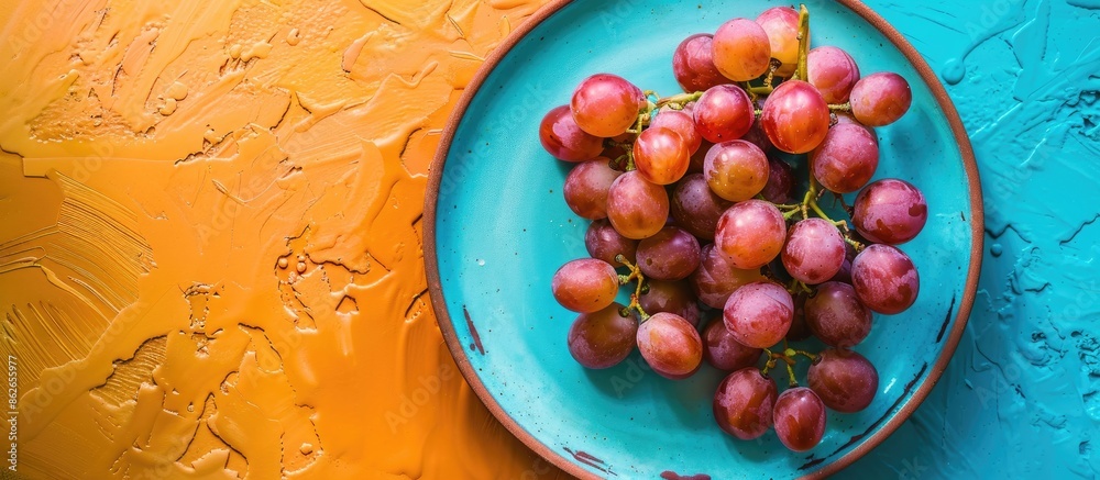 Poster Grapes displayed on a blue plate with a vibrant wall in the background add a pop of color to the copy space image.