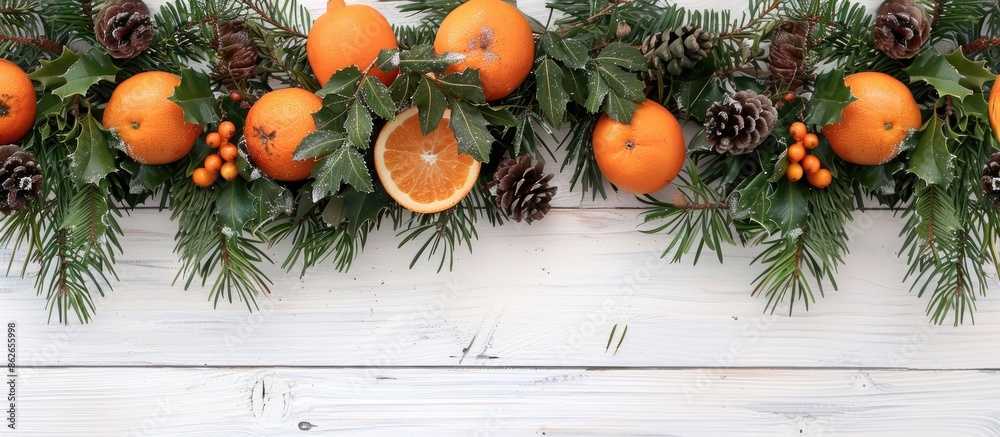 Poster top view of a festive christmas arrangement with fir branches, tangerines, and cones displayed on a 
