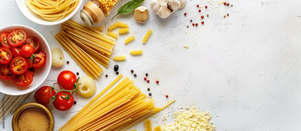 Poster Top view of pasta spaghetti ingredients on white background with copy space image available for text, featuring selective focus.