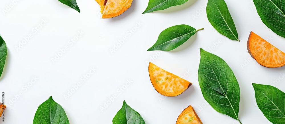 Poster isolated on the white backdrop is a photograph of sweet potato leaves, with plenty of space around f